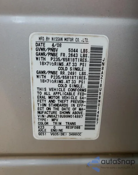 2009 Nissan Murano S z USA, uszkodzony, nr VIN JN8AZ18U99W014887